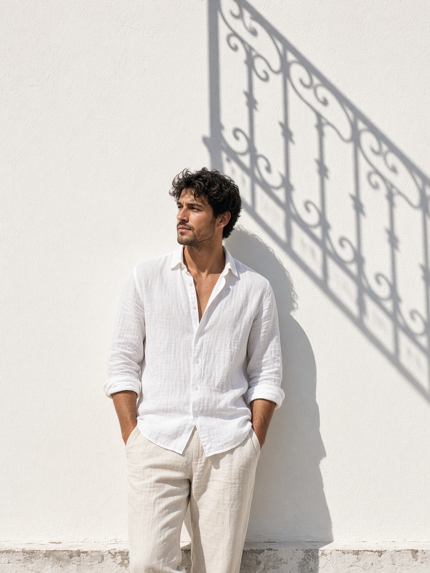 Fashion, linen shirt, white wall