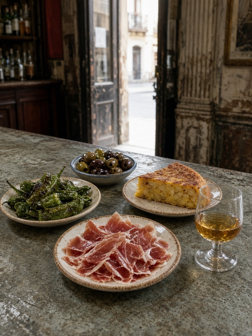 Food, tapas on a zinc bar