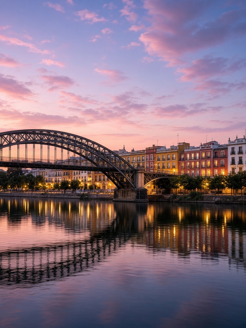Location, bridge over the river at dusk