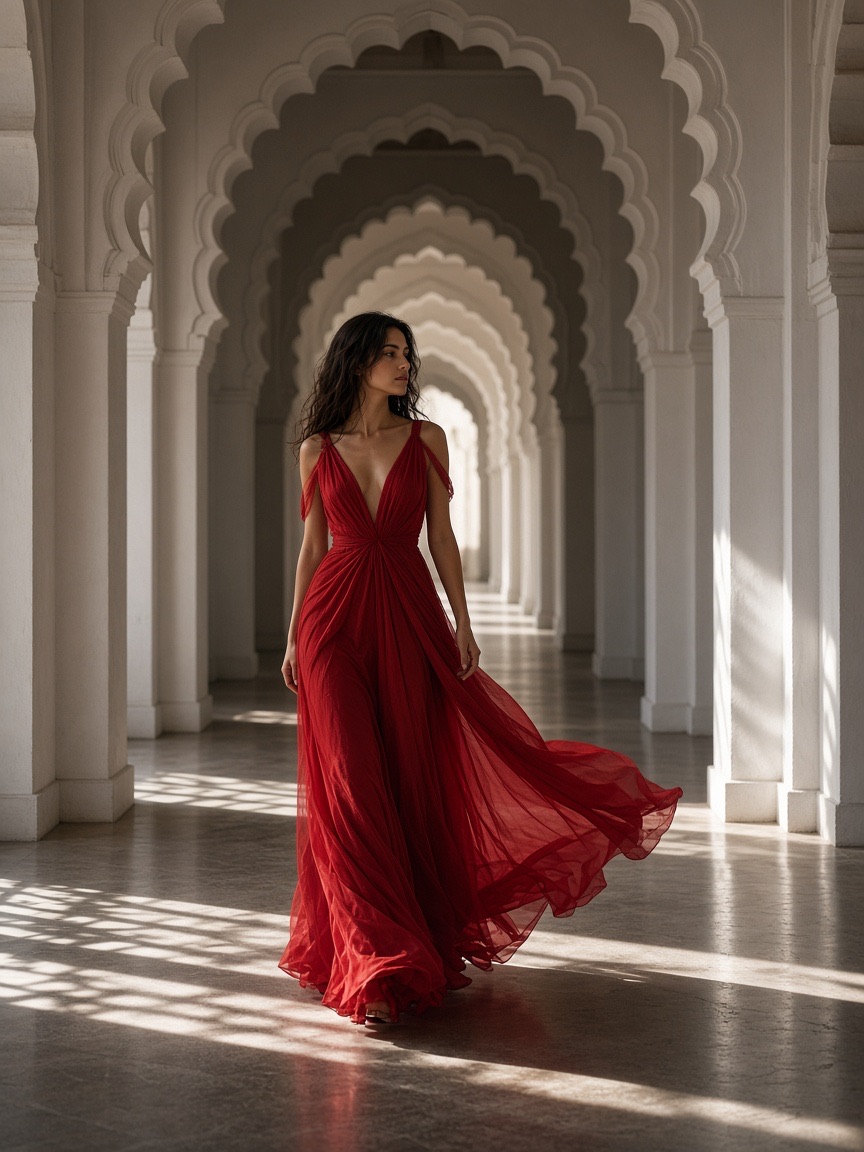 Fashion, red dress, arched gallery